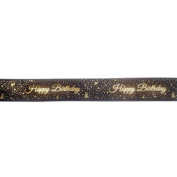 Makr Ribbon, Gold Happy Birthday Black Satin- 16mmx9.1m