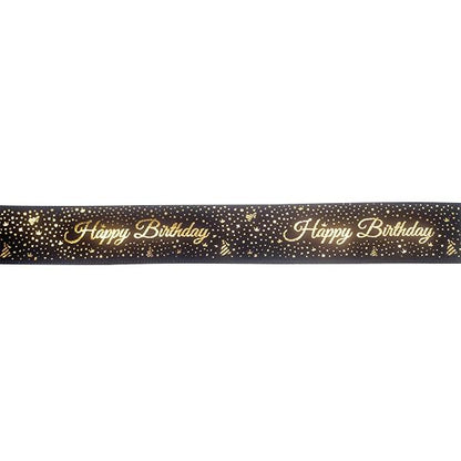 Makr Ribbon, Gold Happy Birthday Black Satin- 16mmx9.1m