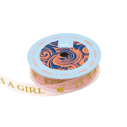 Makr Ribbon, Glitter Gold It's A Girl Pink Organza- 16mm