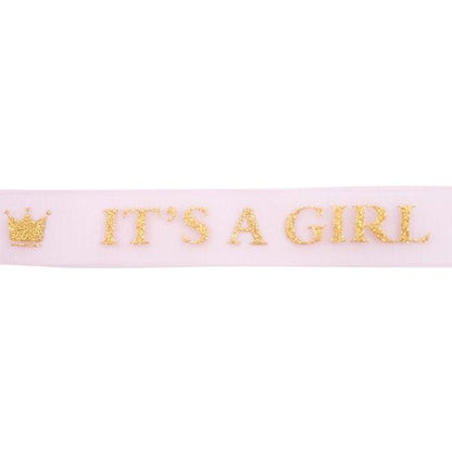 Makr Ribbon, Glitter Gold It's A Girl Pink Organza- 16mm