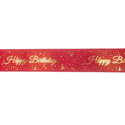 Makr Ribbon, Gold Happy Birthday Red Satin- 25mmx4.5m