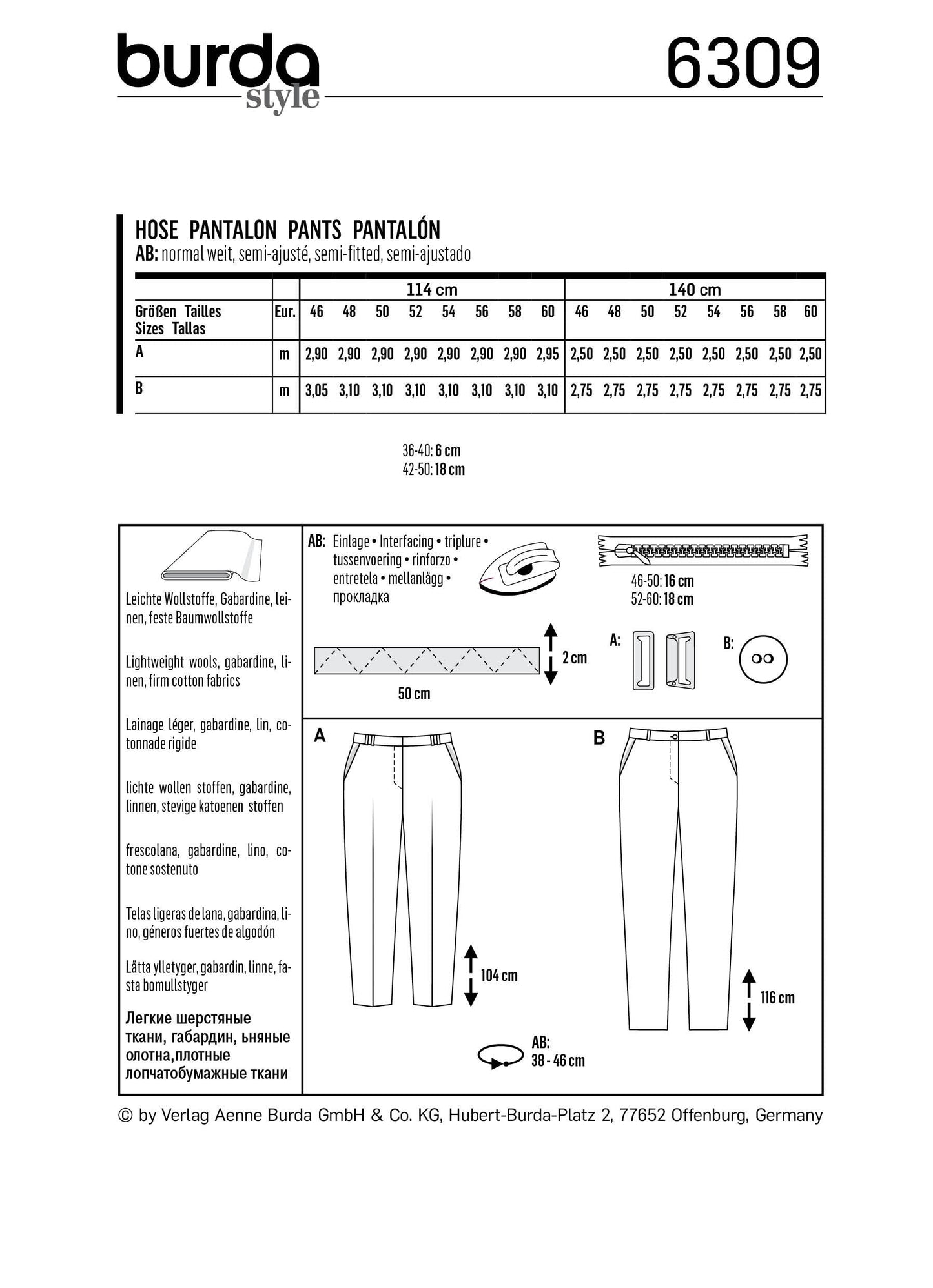 Burda Pattern 6309 Women's back elastic pants