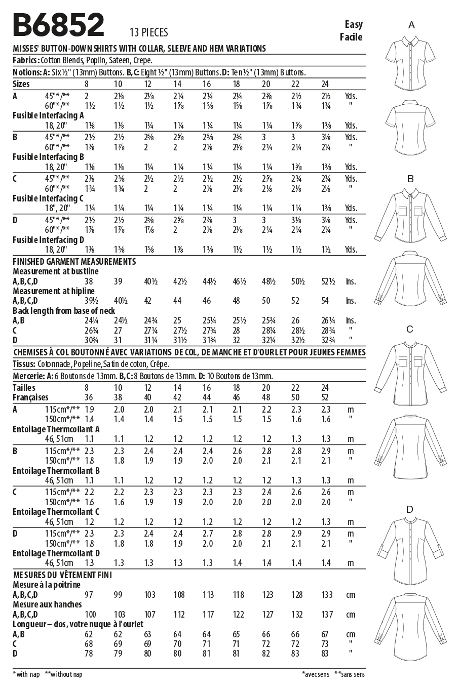 Butterick Pattern B6852 Misses' Button-Down Shorts With Collar, Sleeve & Hem Variations