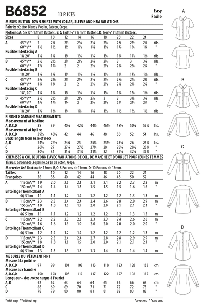 Butterick Pattern B6852 Misses' Button-Down Shorts With Collar, Sleeve & Hem Variations
