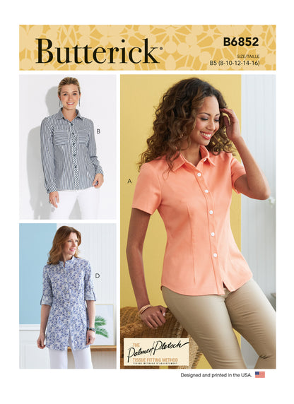 Butterick Pattern B6852 Misses' Button-Down Shorts With Collar, Sleeve & Hem Variations