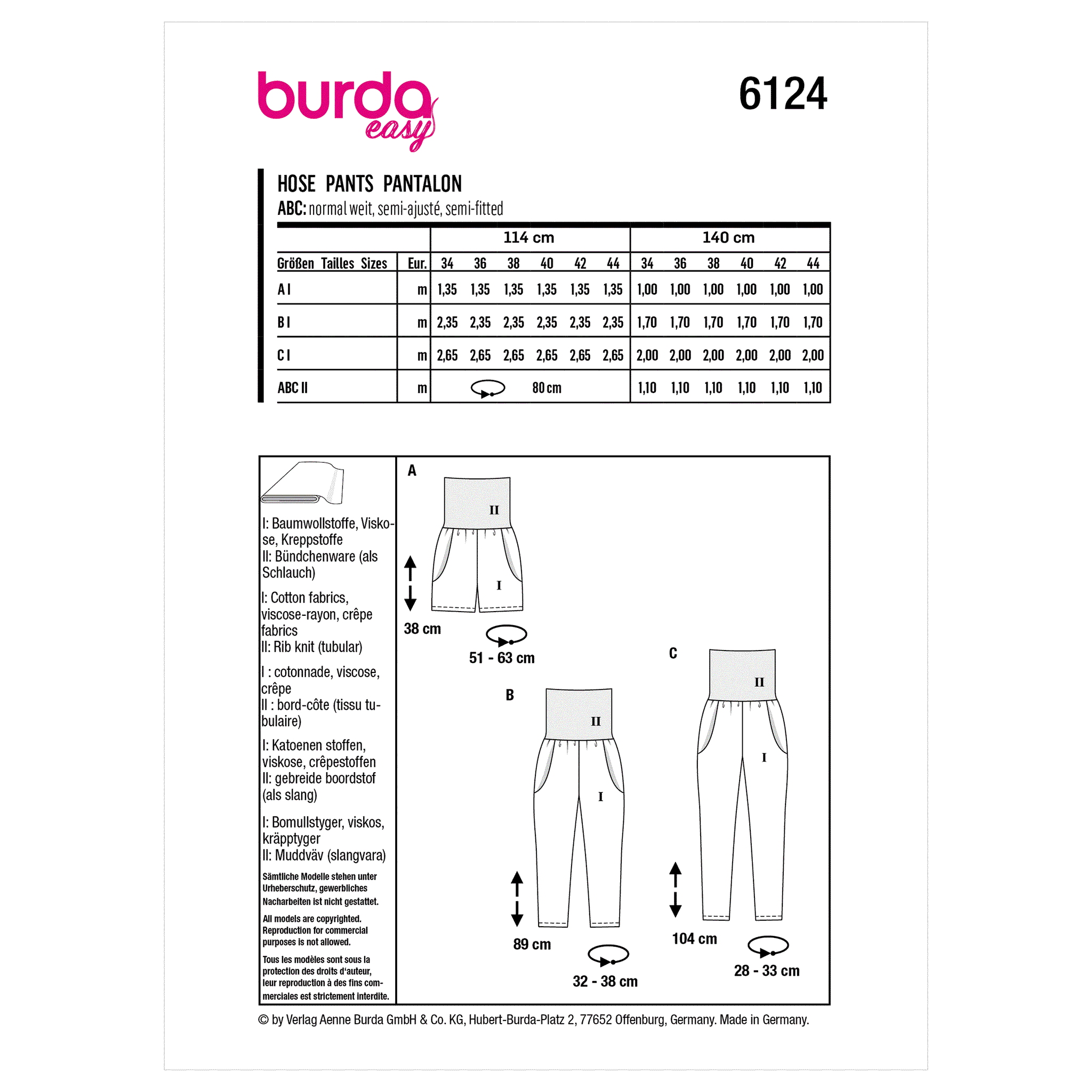 Burda Pattern 6124 Misses Trousers and Pants Lincraft New Zealand