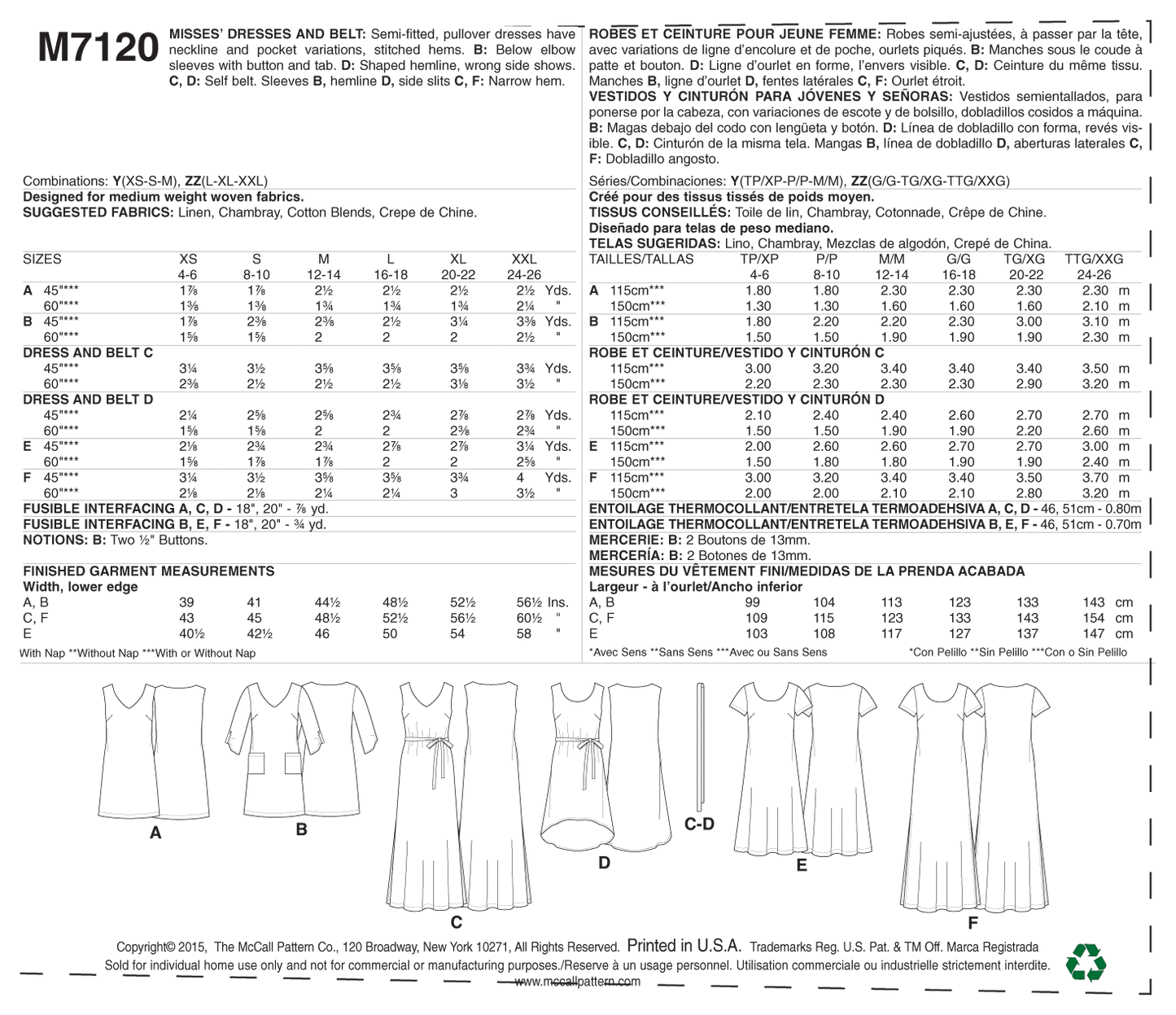 McCall's Pattern M7120 Misses' Dresses and belt