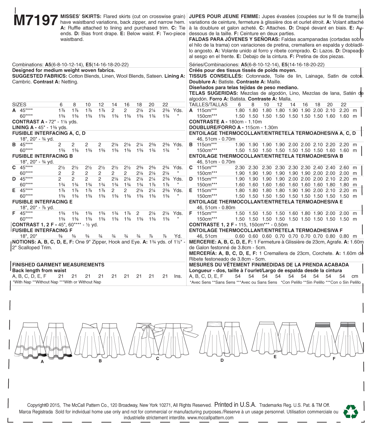 McCall's Pattern M7197 Misses' Skirts