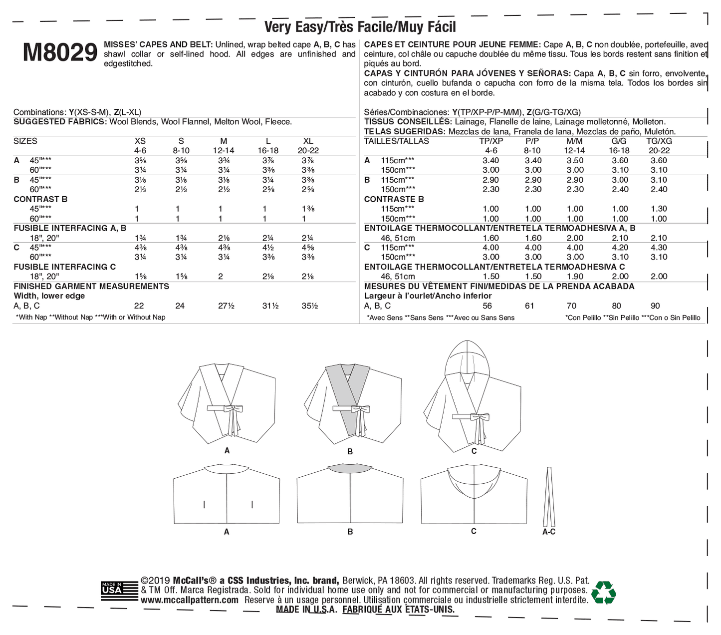 McCall's Pattern M8029 Misses' Capes & Belt