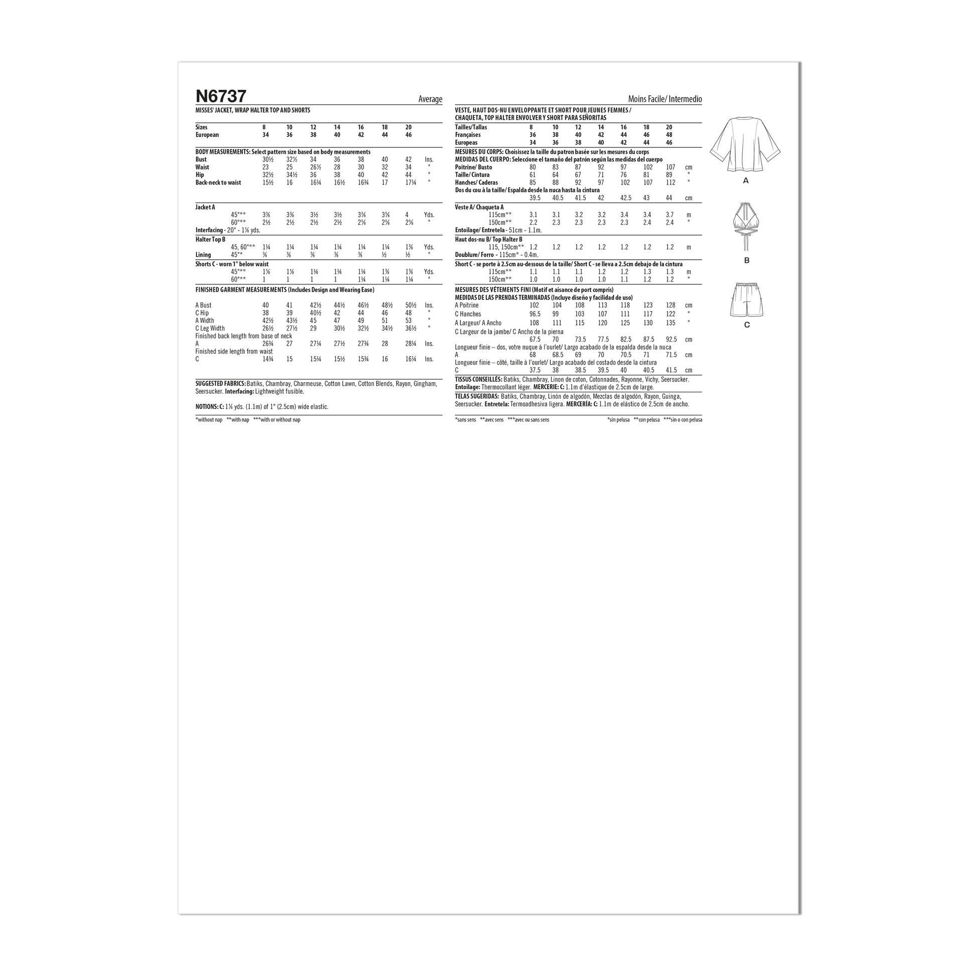Newlook Pattern 6737 Misses' Jacket, Wrap Halter Top and Shorts