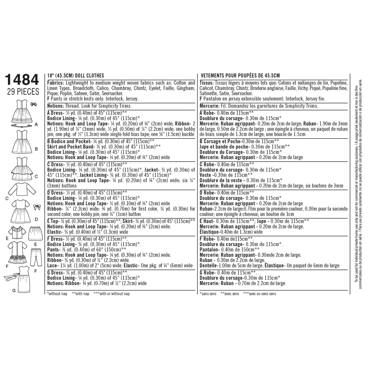 Simplicity Pattern 1484 OS 18" Doll Clothes