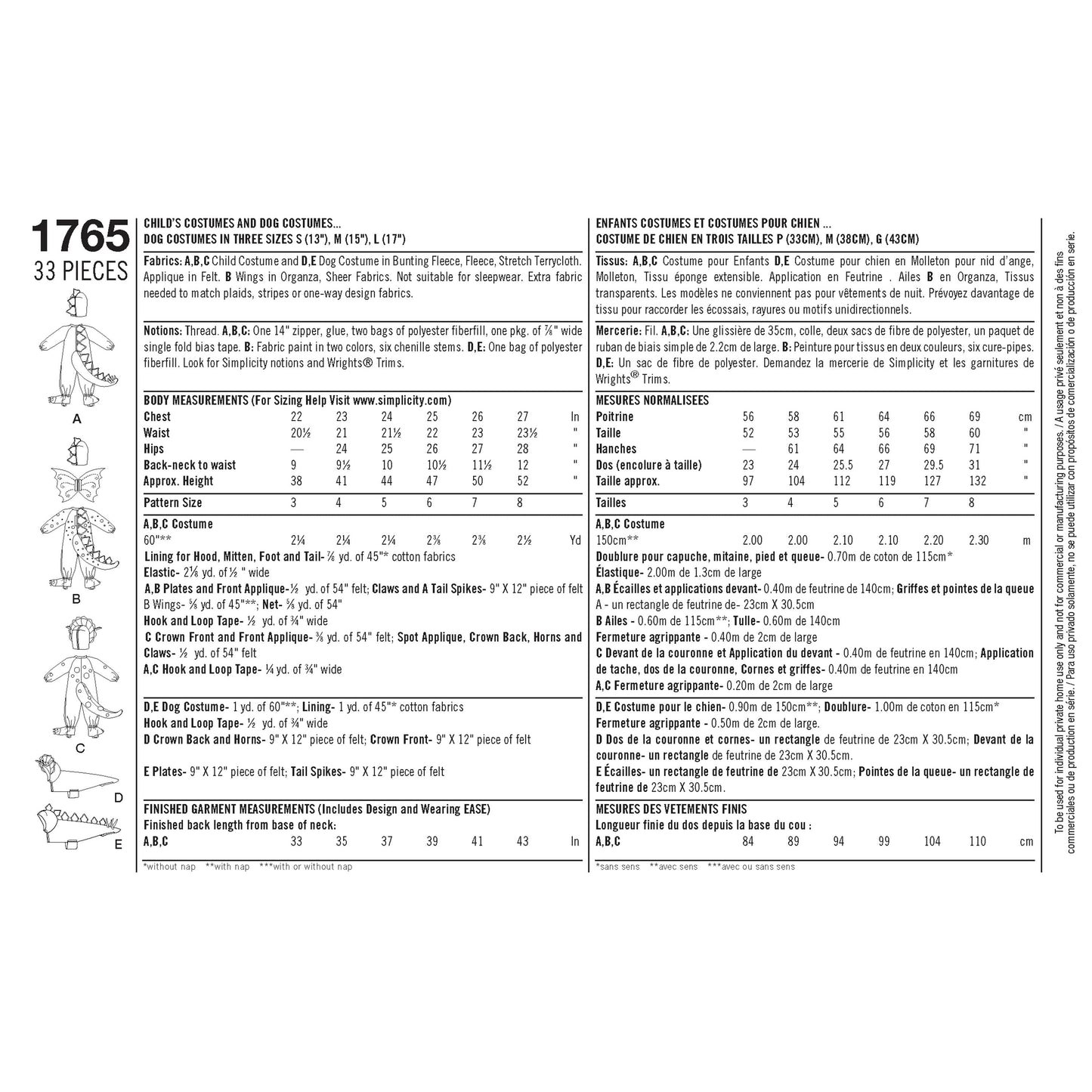 Simplicity Pattern 1765 Child's and Dog Costumes