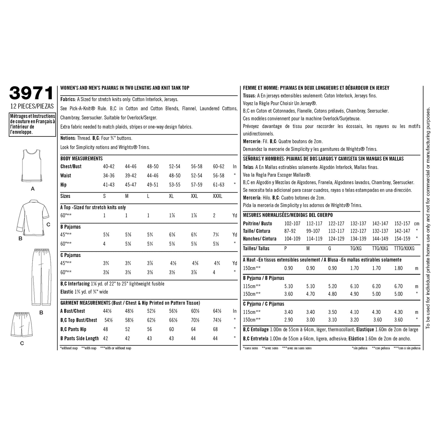 Simplicity Pattern 3971 Women's & Men's Plus Size Sleepwear