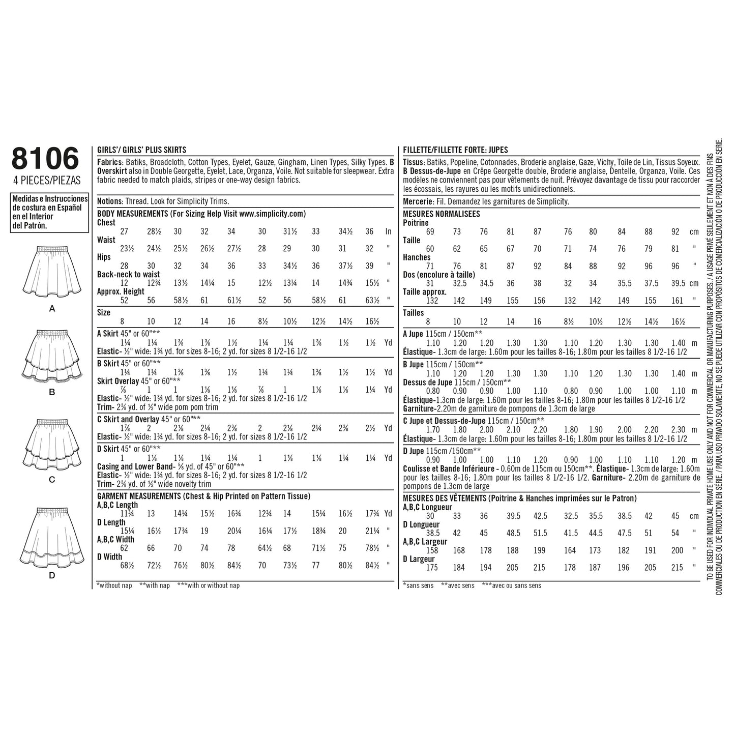 Simplicity Pattern 8106 Learn To Sew Skirts for Girls and Girls Plus