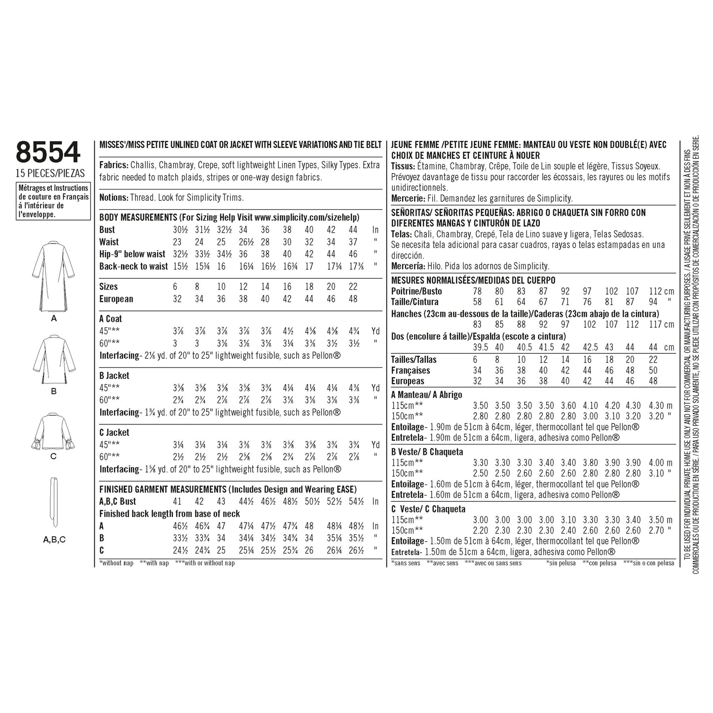 Simplicity Pattern 8554 Women’s / Petite Women’s  Coats and Jackets