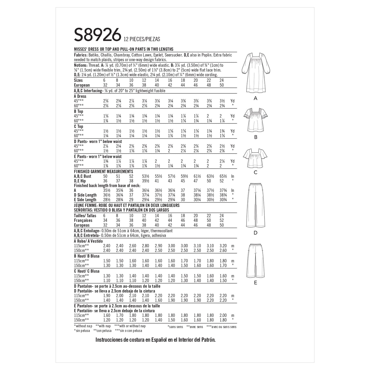 Simplicity Pattern 8926 Misses' Dress, Tops & Pants