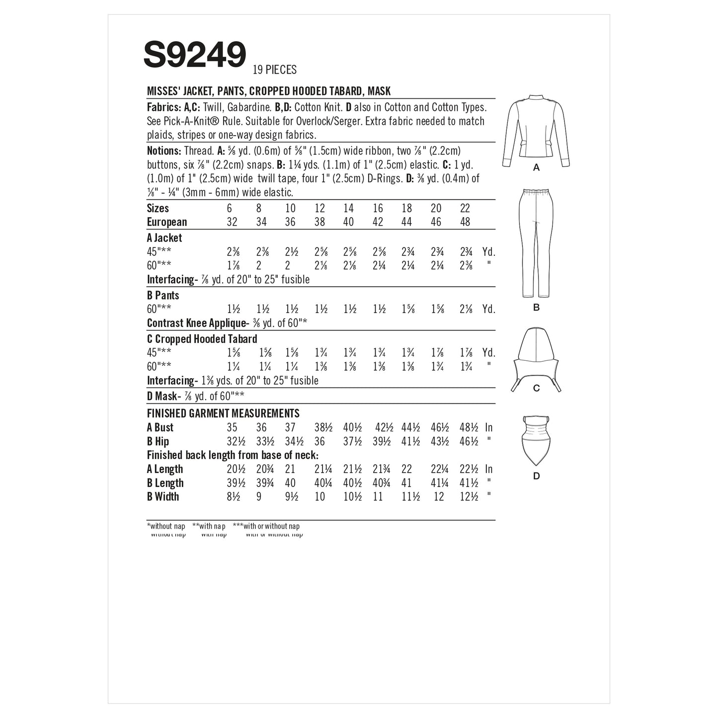 Simplicity Pattern 9249 Misses' Jacket, Pants, Cropped Hooded Tabard, Mask