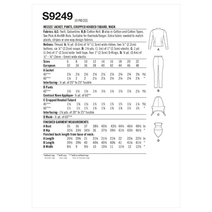 Simplicity Pattern 9249 Misses' Jacket, Pants, Cropped Hooded Tabard, Mask