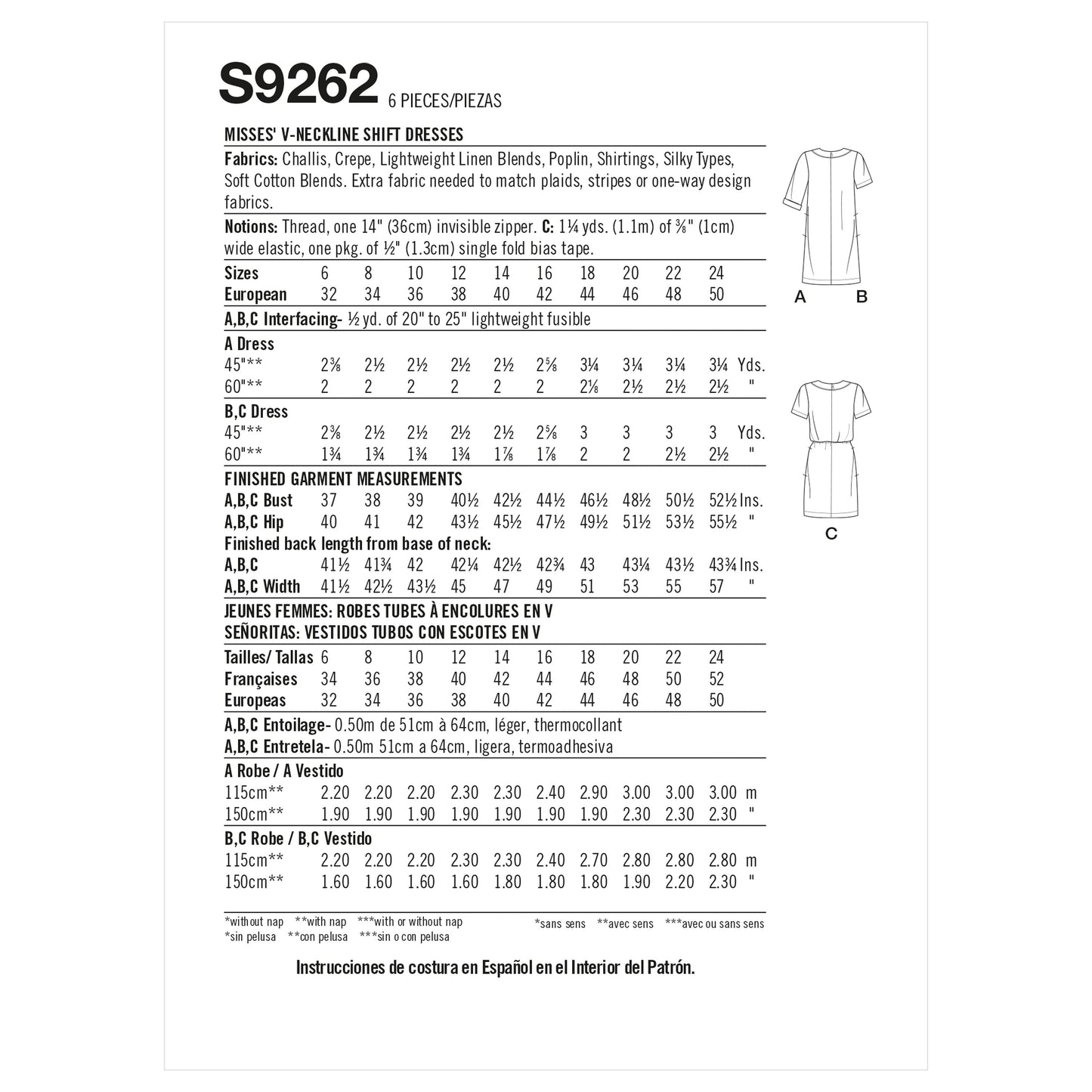 Simplicity Pattern 9262 Misses' V-neckline Shift Dresses