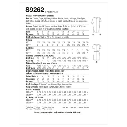 Simplicity Pattern 9262 Misses' V-neckline Shift Dresses