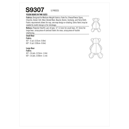 Simplicity Pattern 9307 Plush Bears in Two Sizes