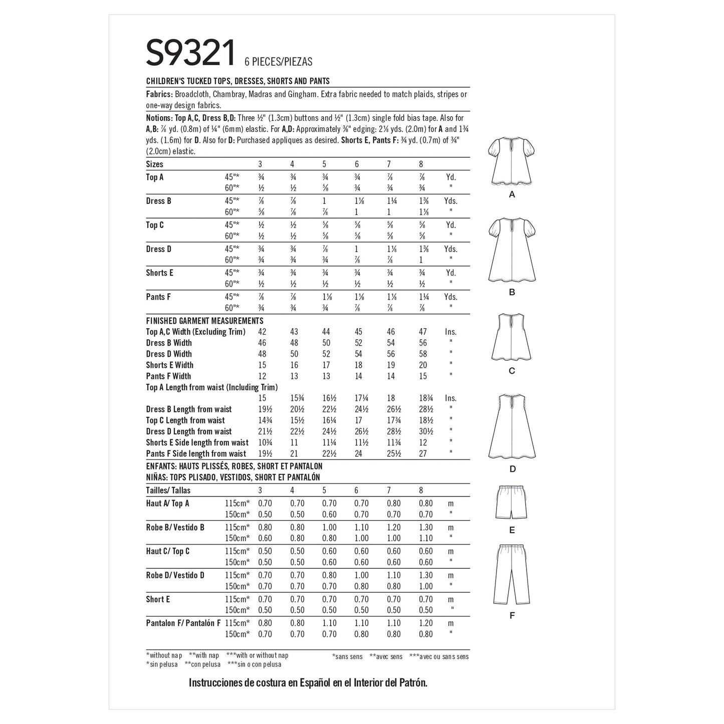 Simplicity Pattern 9321 Children's Tucked Tops, Dresses, Shorts and Pants