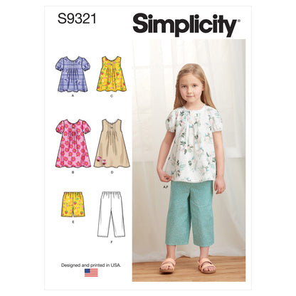 Simplicity Pattern 9321 Children's Tucked Tops, Dresses, Shorts and Pants