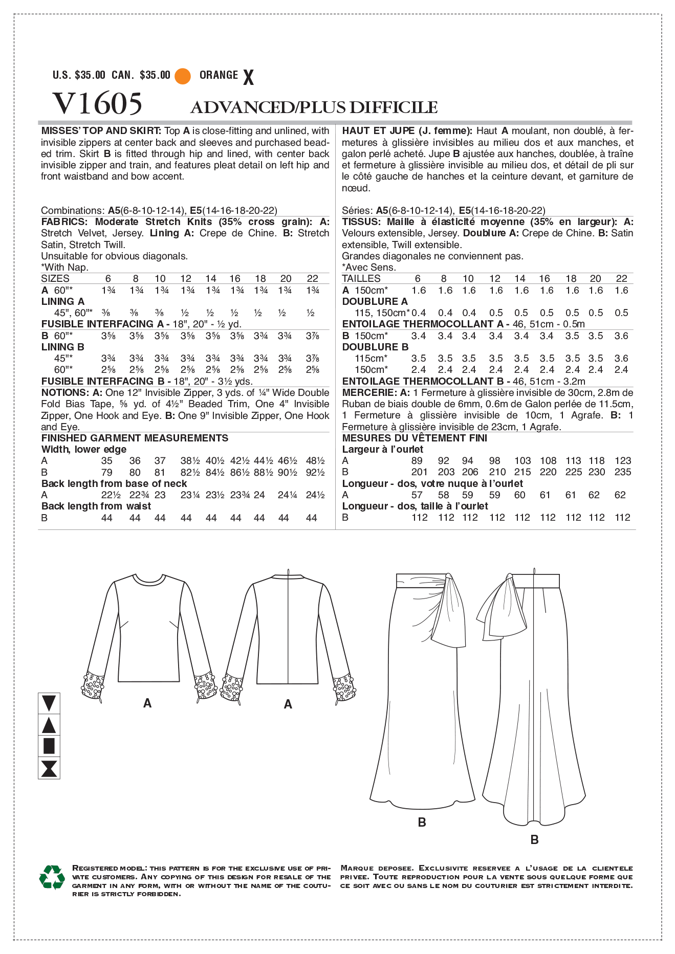 Vogue Pattern V1605 Misses' Top and Skirt