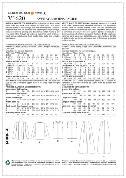 Vogue Pattern V1620 Misses' Jacket, Top and Pants