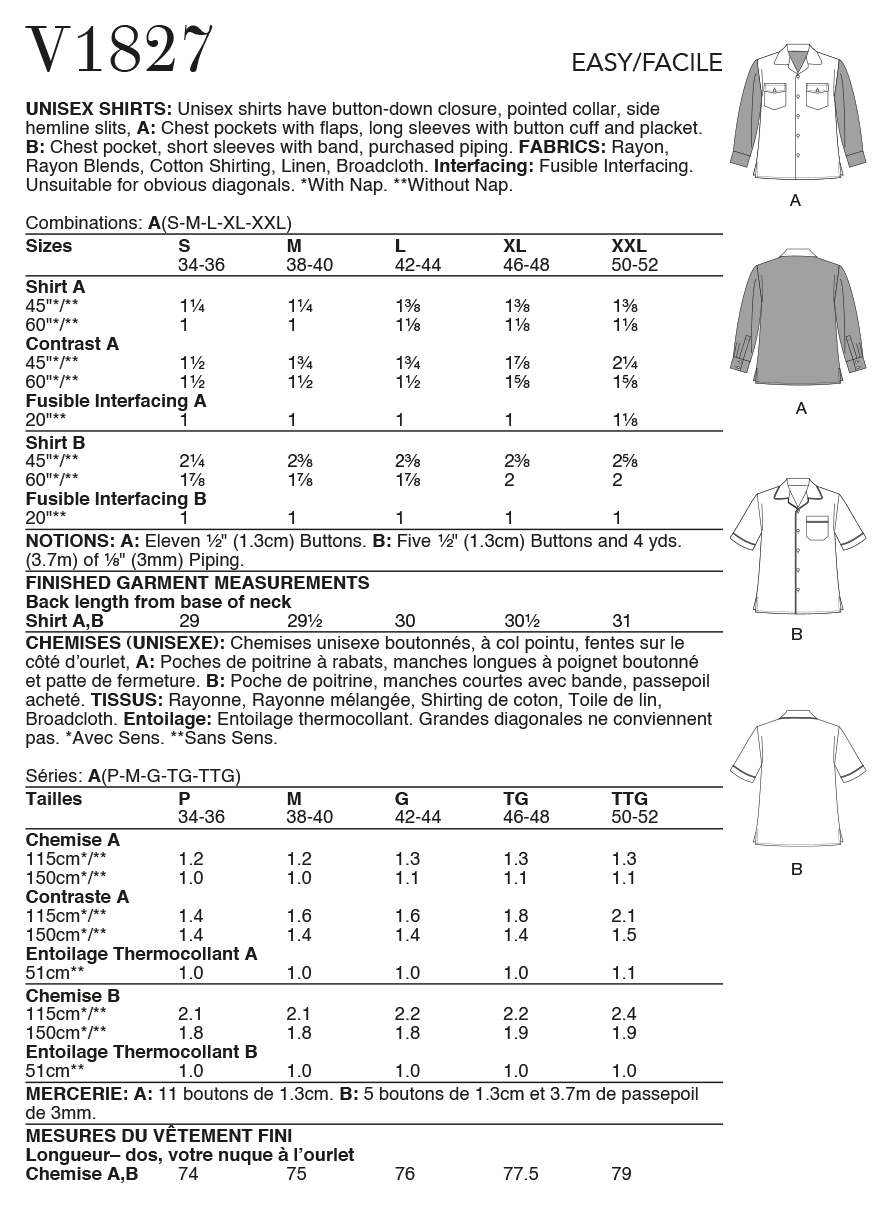 Vogue Pattern V1827  Unisex Shirts