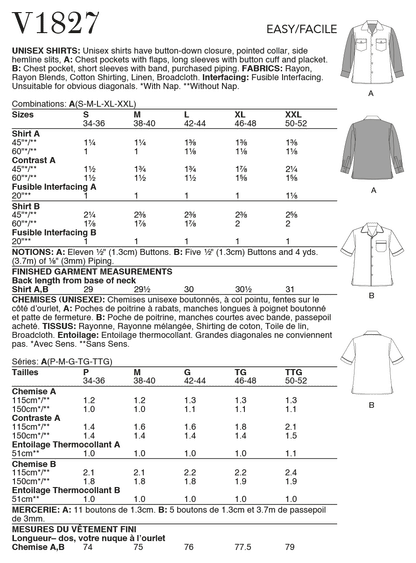 Vogue Pattern V1827  Unisex Shirts