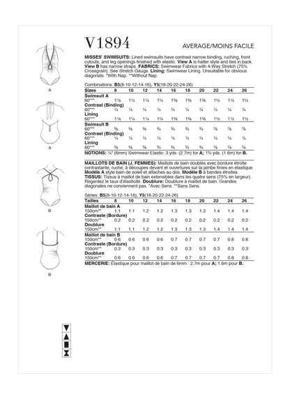 Vogue Pattern V1894 Misses' Swimsuits