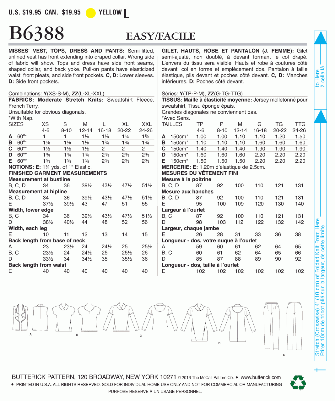 Butterick Pattern B6388 Misses' Lapped Collar Tops and Dress, Draped Collar Vest, and Pleated Pants