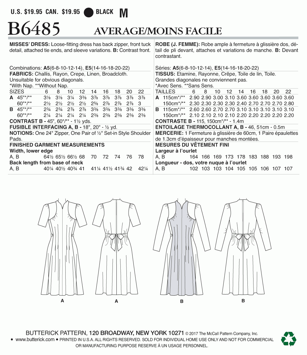 Butterick Pattern B6485 A5 (6-8-10-12-14)