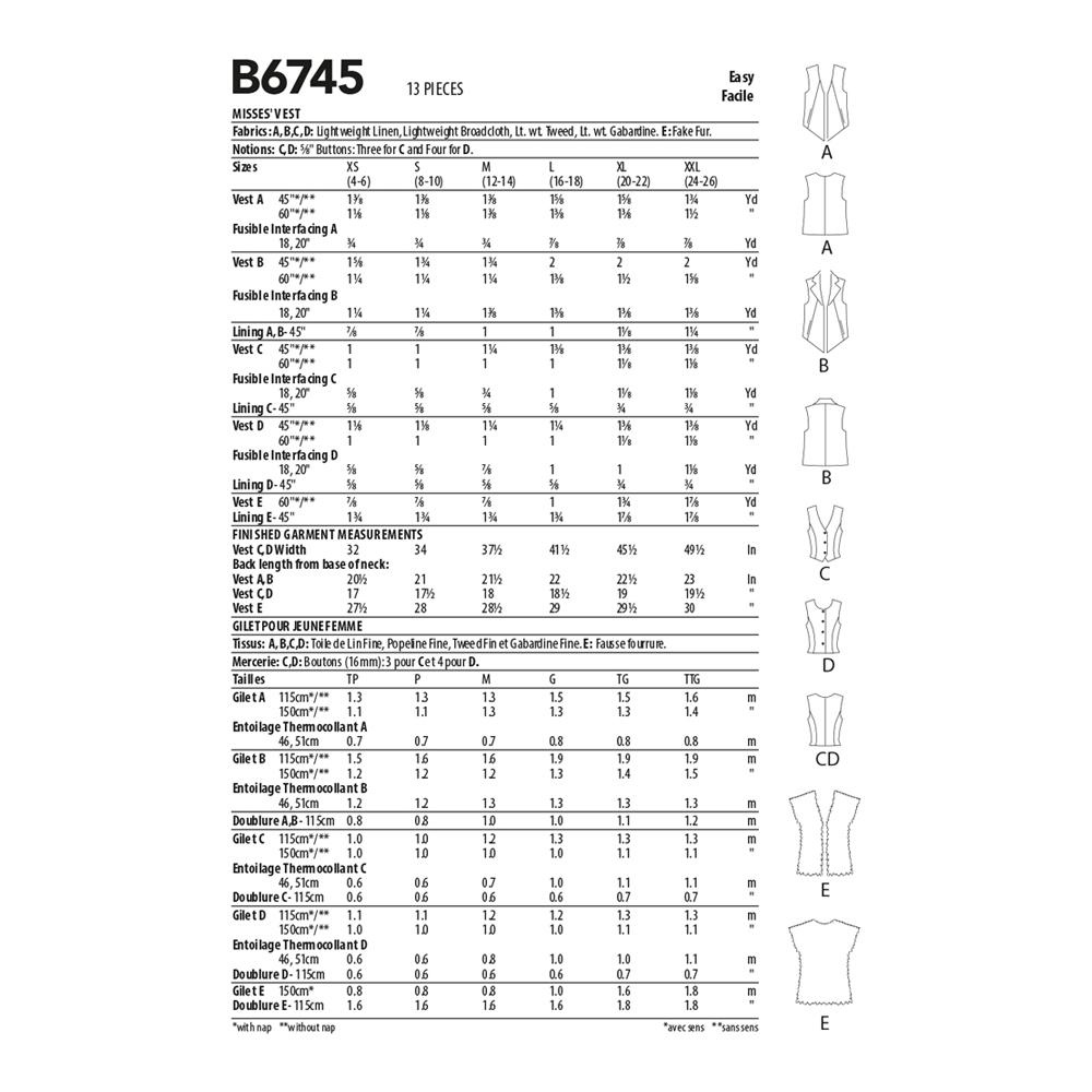 Butterick Pattern B6745 Misses' Vests in Five Styles