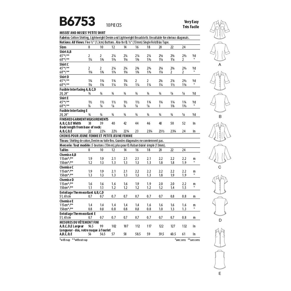 Butterick Pattern B6753 Misses'/Misses' Petite Button-Down Shirts