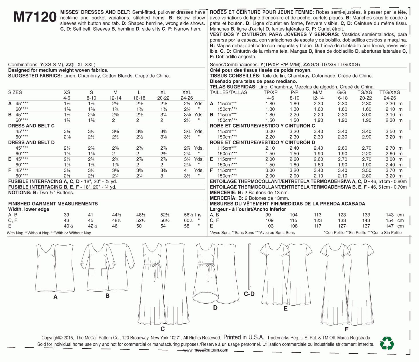 McCall's Pattern M7120 Y (XSM-SML-MED)