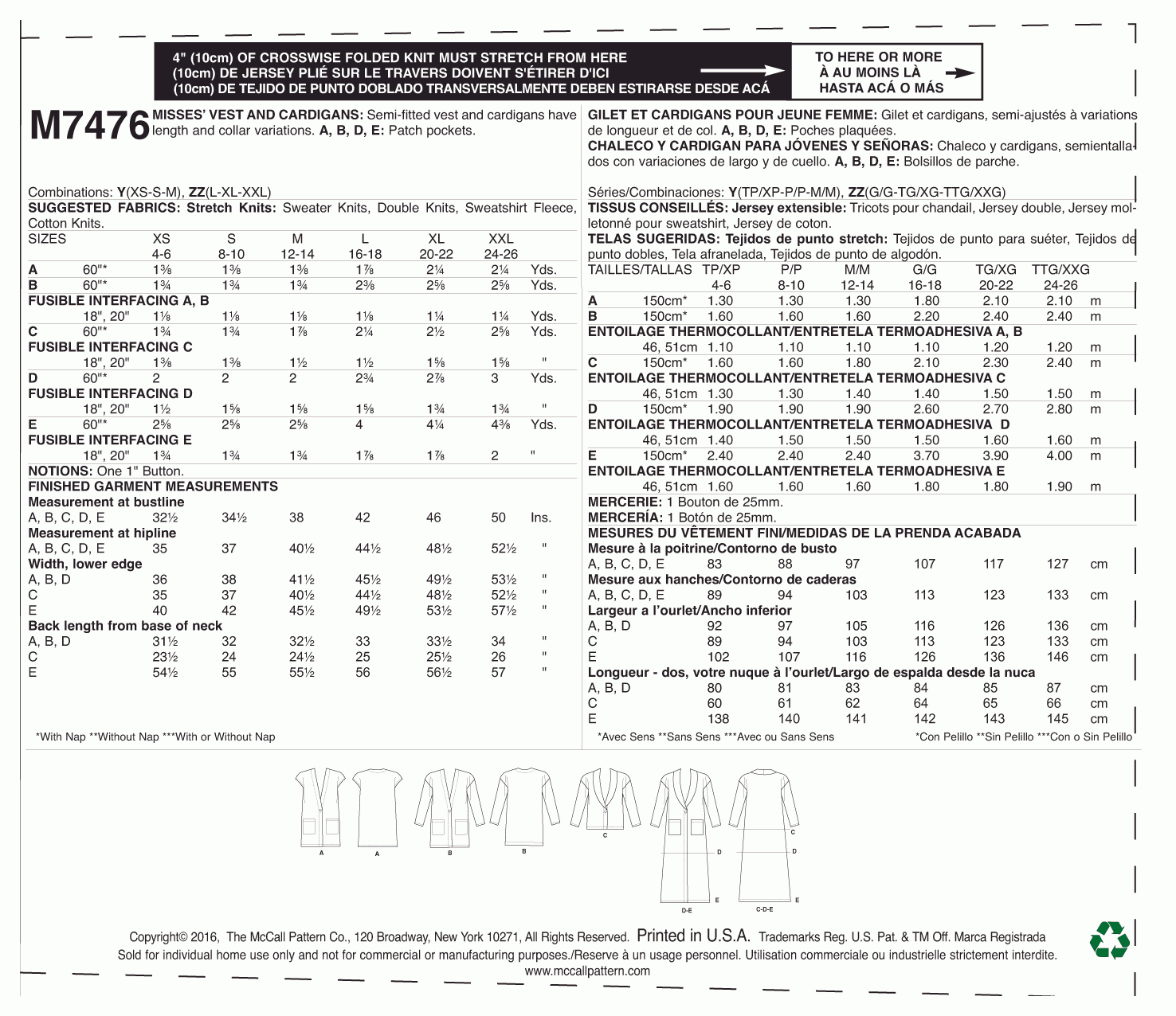 McCall's Pattern M7476 Y (XSM-SML-MED)