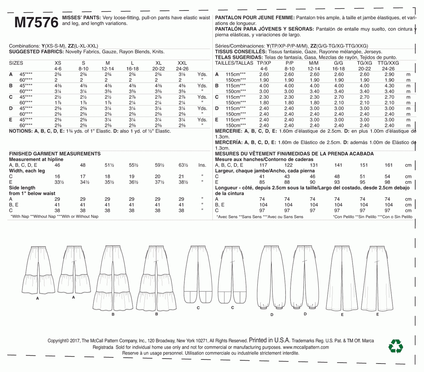 McCall's Pattern M7576 Y (XSM-SML-MED)