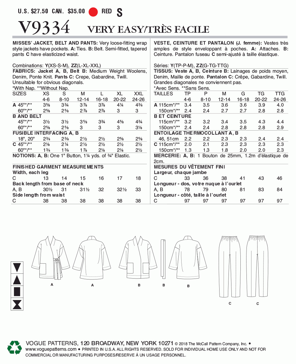 Vogue Pattern V9334 Y (XSM-SML-MED)