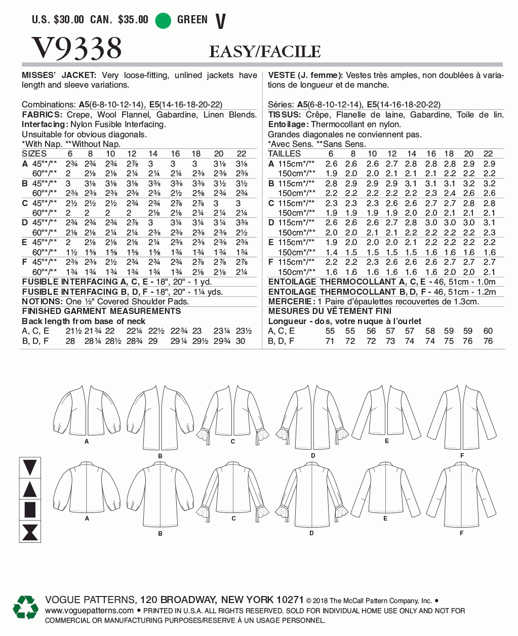 Vogue Pattern V9338 A5 (6-8-10-12-14)